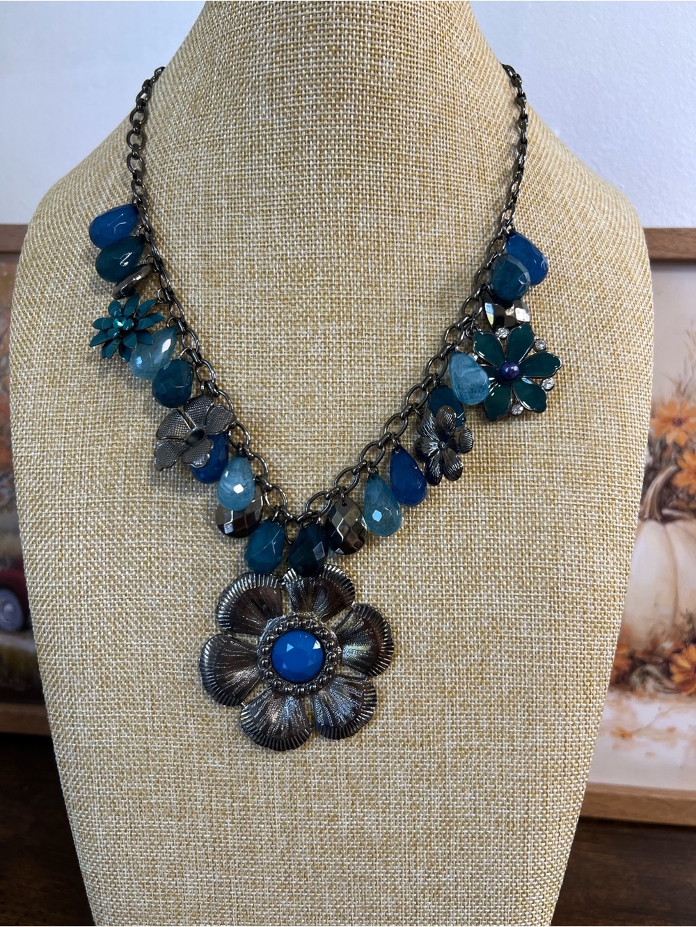Teal Floral Pendant Necklace with Gem Accents